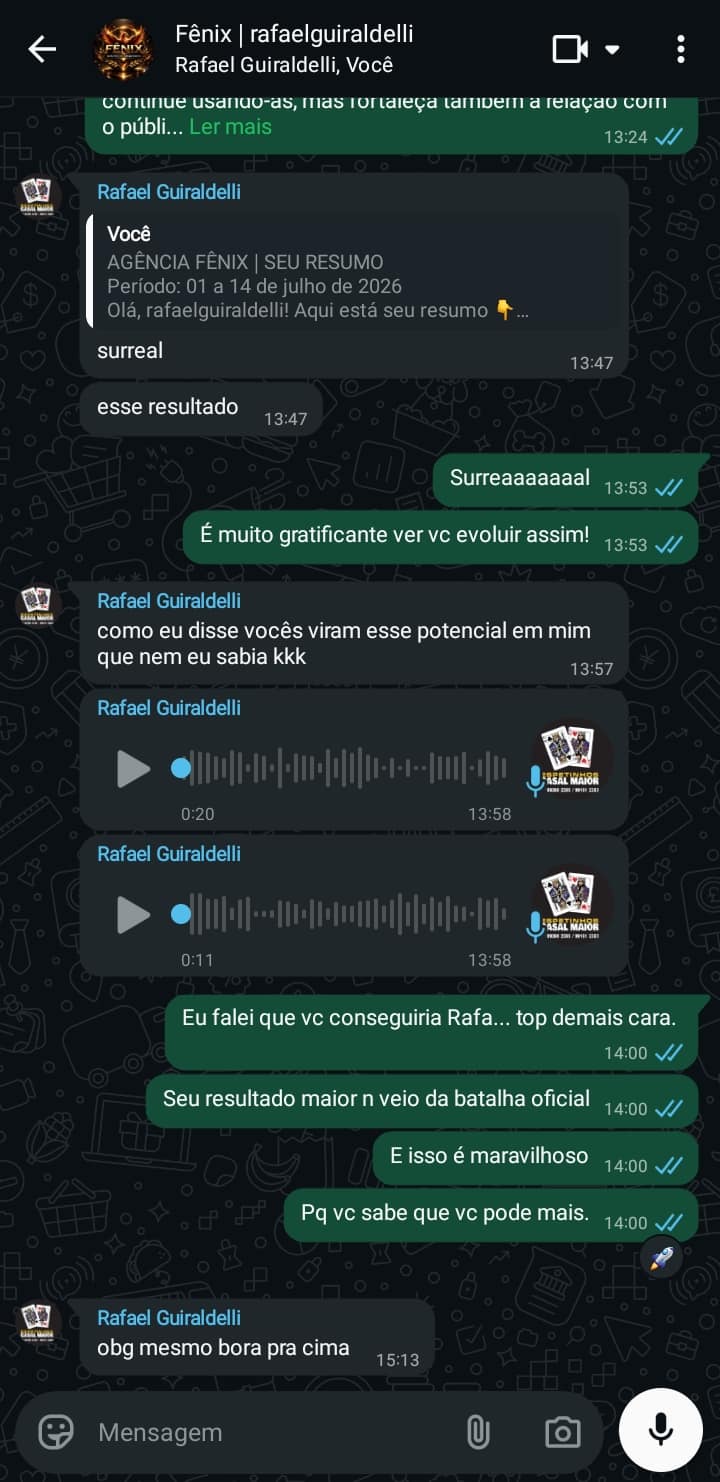 Conversa no WhatsApp em que o host Rafael Guiraldelli comemora seu resultado: 'surreal esse resultado... vocês viram esse potencial em mim que nem eu sabia'